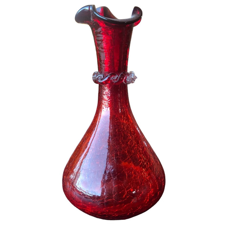 Vtg Ruby Red Amber Crackle Glass Hand Blown Bud Vase Ruffled Rim Applied Rigaree - Picture 6 of 16